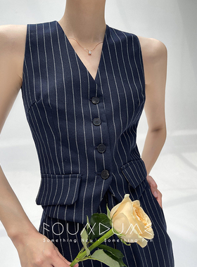 Foundume 2022夏季新款精纺羊毛藏青白色条纹复古马甲短裤套装女