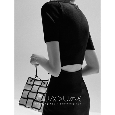 Foundume 基础Bi入百搭复古小圆领后腰镂空短袖针织连衣裙女