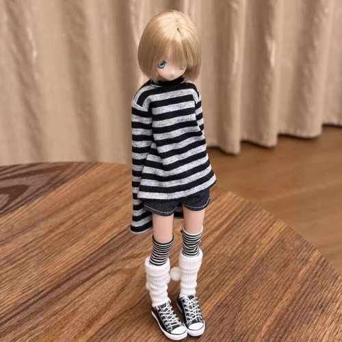 Azone/ob22/blythe/小六娃衣黑条纹上衣牛仔短裤套装小布休闲套装