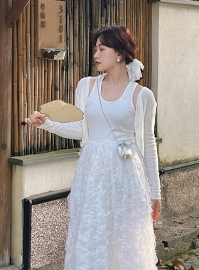 Something叁熏 白色简约收腰气质中长款显瘦拼接蕾丝下摆连衣裙