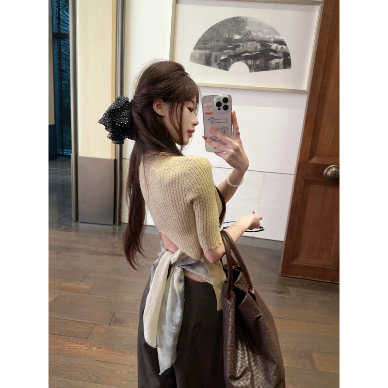 实拍实价 后背绑带亚麻针织打底衫短袖女T恤夏