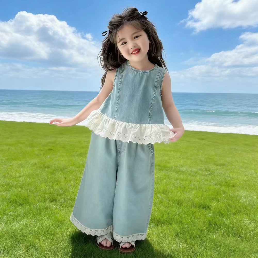 女童夏季牛仔花边两件套韩版洋气女孩夏装背心阔腿裤蕾丝套装儿童