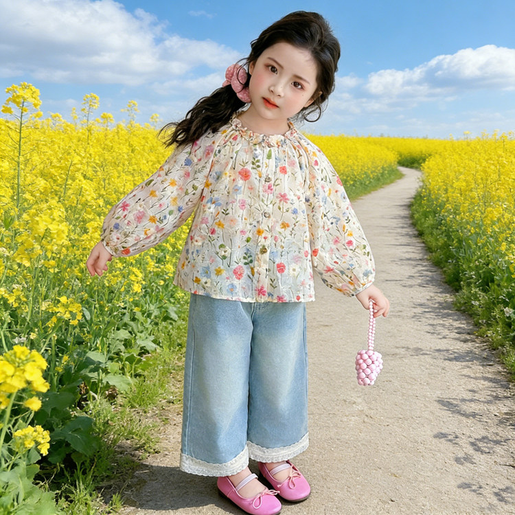 韩版女童春秋碎花衬衫牛仔裤儿童三件套宝宝洋气春装田园风套装超