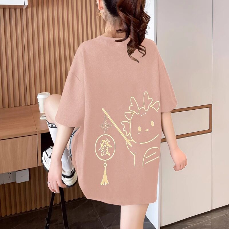 부르고뉴 동물 년 라운드 넥 반팔 티셔츠 여성용 여름 새 순수 코튼 바닥 셔츠 중간 길이 반팔 탑