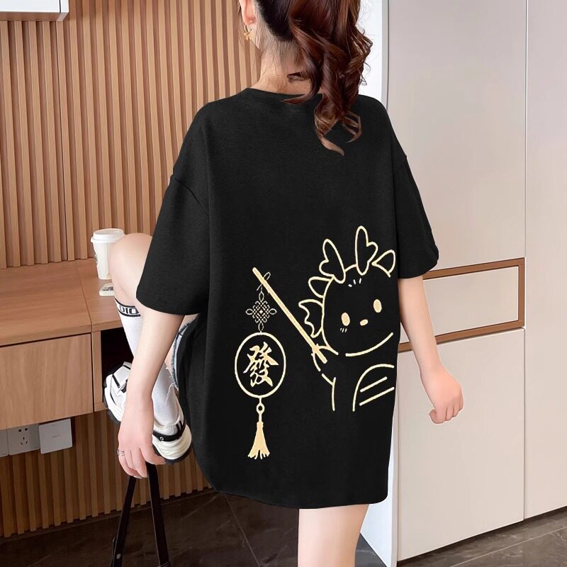 부르고뉴 동물 년 라운드 넥 반팔 티셔츠 여성용 여름 새 순수 코튼 바닥 셔츠 중간 길이 반팔 탑