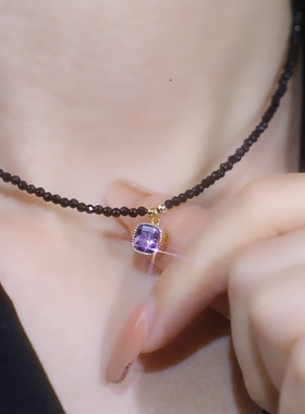 轻奢小众紫色黑水晶项链女