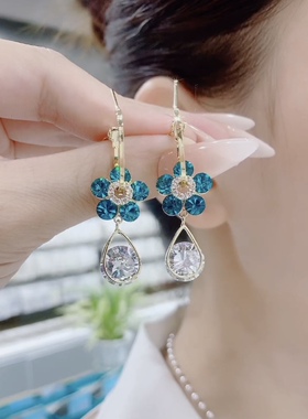 蓝色锆石闪钻耳环女潮