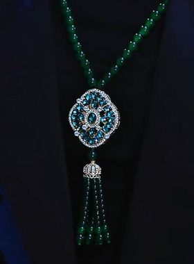 秋冬款绿色珠珠吊坠水晶毛衣链女