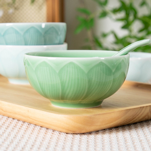 米饭碗新款 青瓷碗家用中式 高颜值创意莲花浮雕陶瓷甜品碗高温餐具