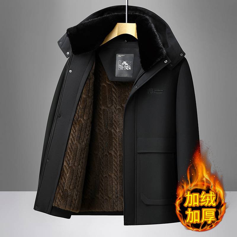 商场品牌脱卸内胆棉衣男加绒加厚中老年爸爸装中长款外套老人爷爷