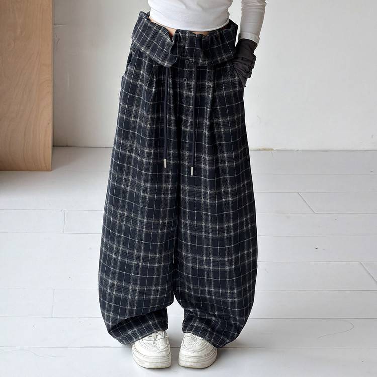 专柜品牌女童秋季裤子2026新款韩版小女孩格子阔腿裤中大童宽松休