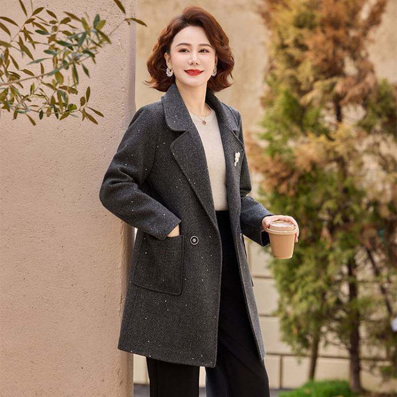 专柜品牌高级感秋冬毛呢大衣中年人女洋气时尚显瘦中长款外套新款