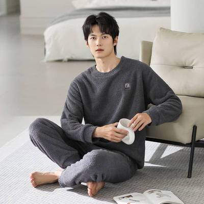 商场品牌半边绒睡衣男士冬季加厚加绒保暖珊瑚绒冬天休闲可外穿家