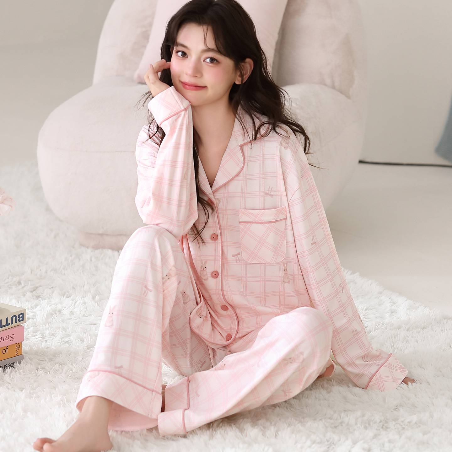专柜品牌长袖长裤棉质开衫甜美少女新款韩版睡衣女新款家居服两件