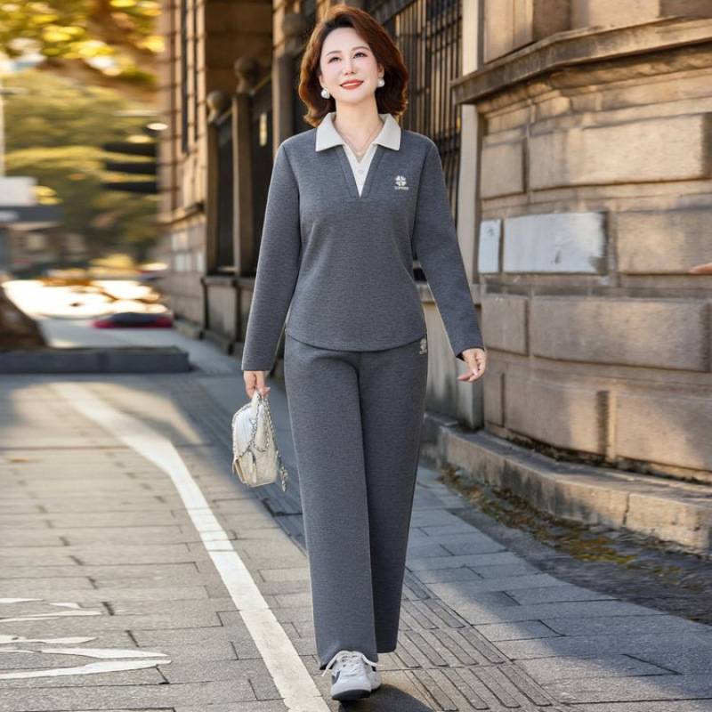 专柜品牌中老年女装套装女秋POLO领撞色运动套装短袖休闲长裤两件