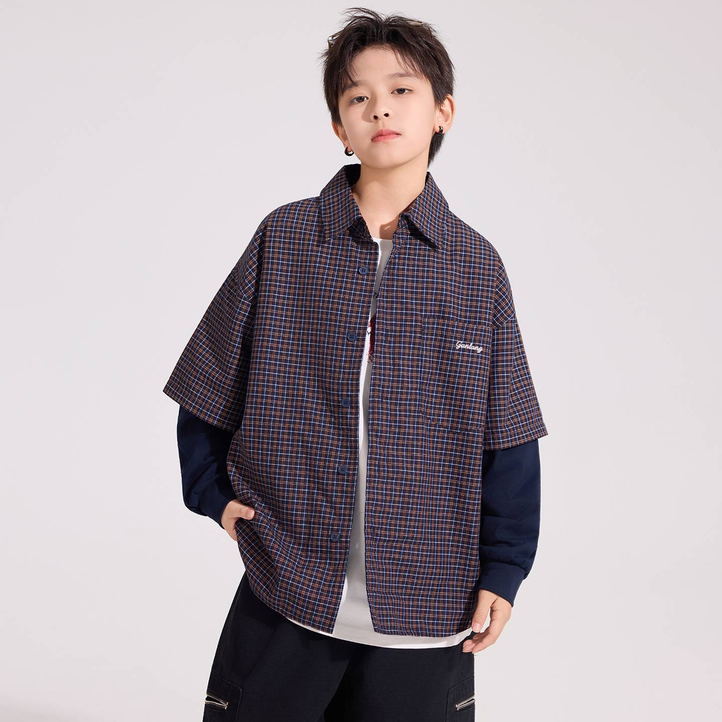 专柜品牌男童春秋韩范假两件格子拼接衬衫外套2026新款青少年儿童