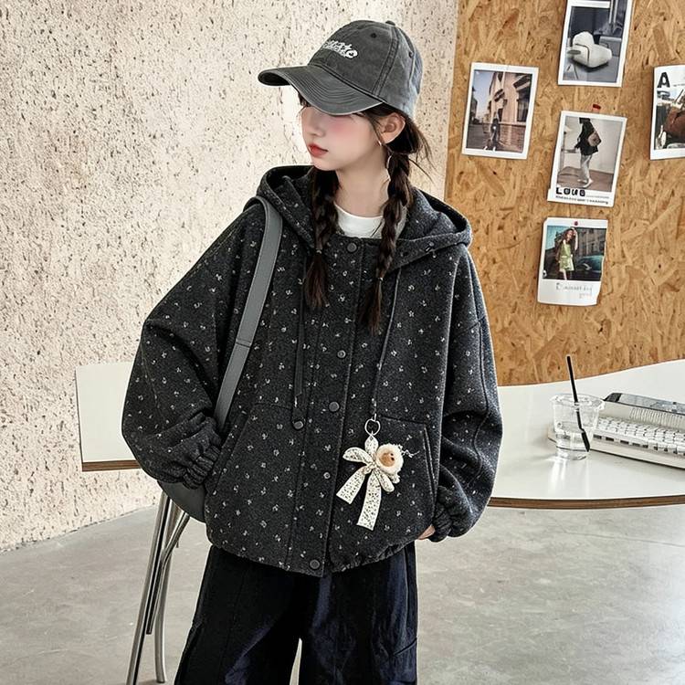 专柜品牌女童韩系碎花连帽外套秋装2026新款女大童春秋款儿童毛呢