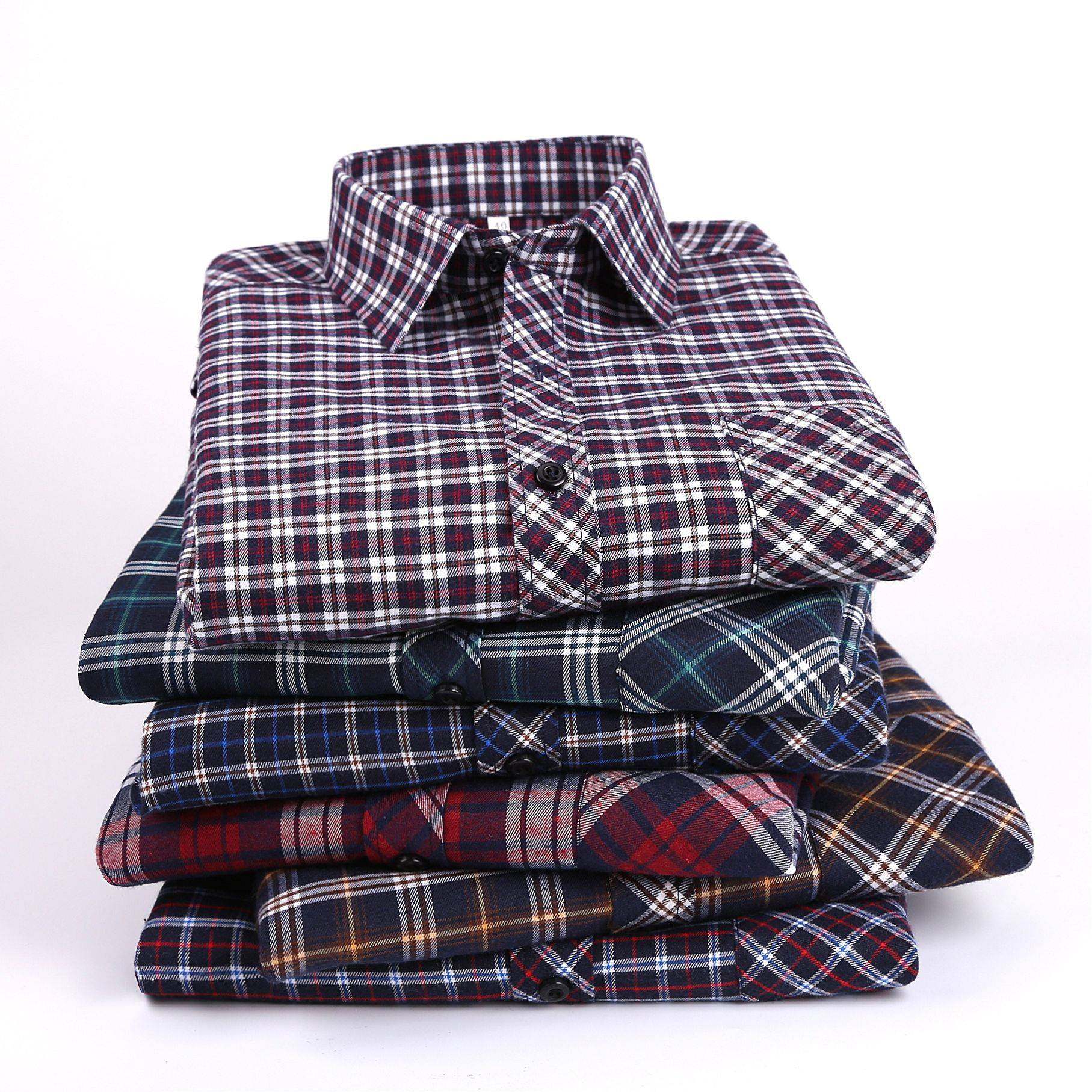 专柜品牌磨毛格子男式长袖衬衣中年男式衬衫爸爸装春秋季上衣男装