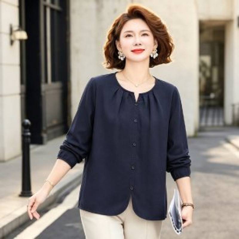 专柜品牌中老年T恤妈妈春秋棉麻女圆领开衫上衣大码宽松遮肉长袖