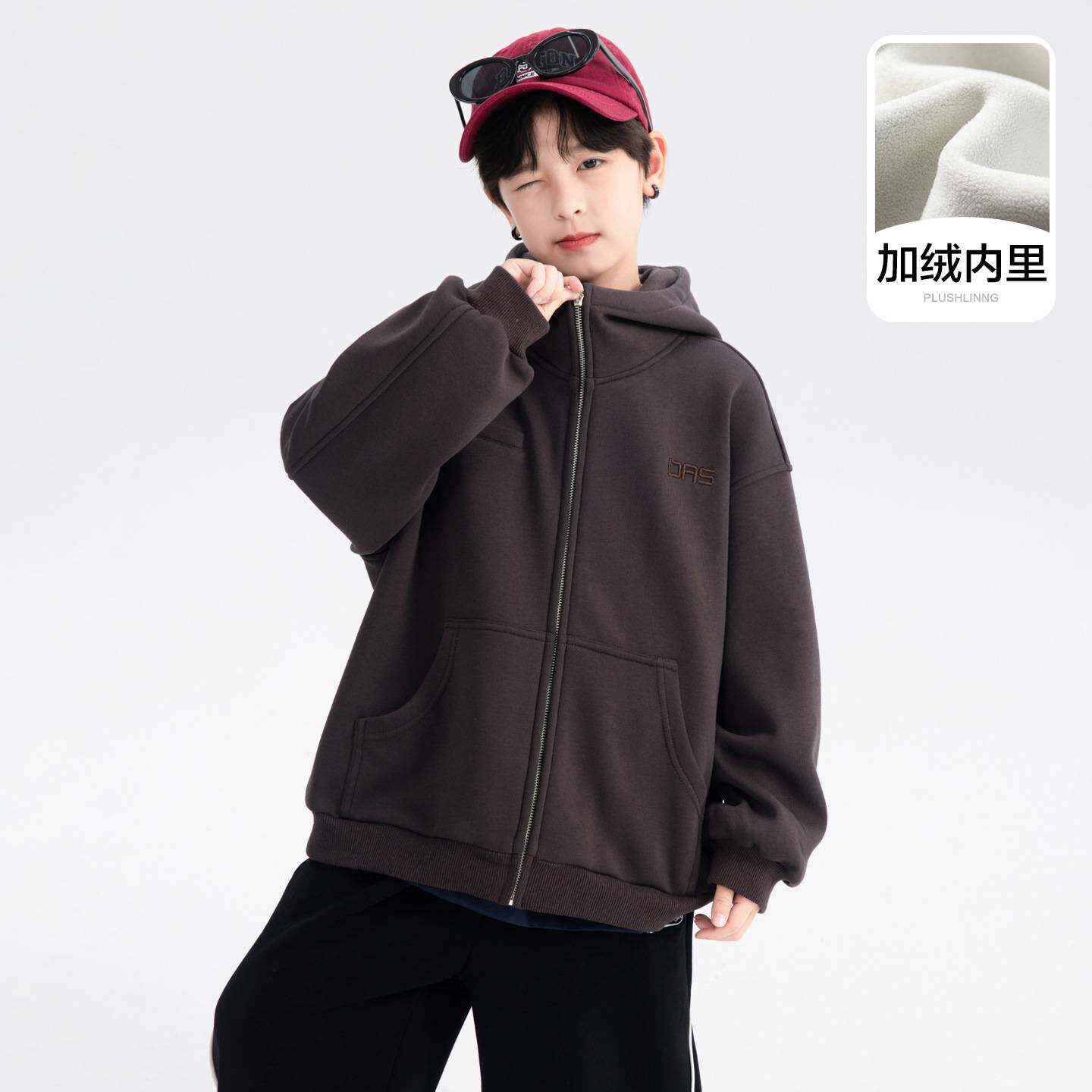 专柜品牌男大童冬装韩范运动加绒外套2025新款青少年儿童加厚连帽