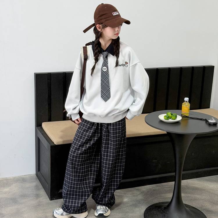 专柜品牌女童秋季学院风卫衣套装2026新款洋气中大童格子弯刀裤两