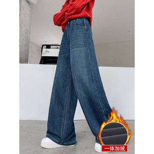 专柜品牌女童牛仔裤冬款2025新款女大童保暖阔腿裤前后绣花加绒加