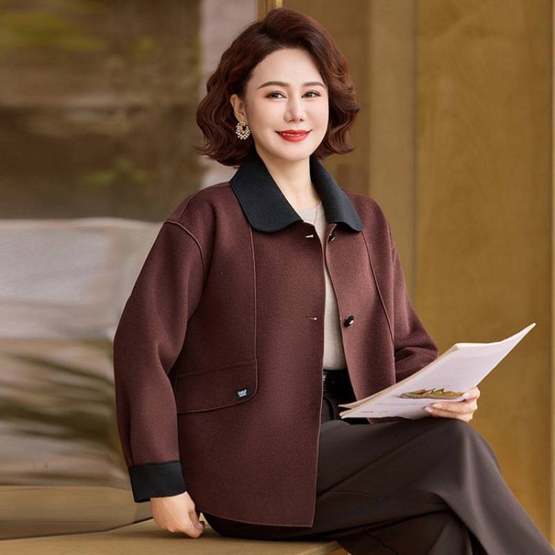 专柜品牌春季新款毛呢外套短款长袖上衣高档中年妈妈装春装呢子显