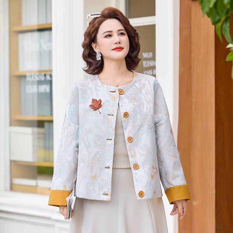 专柜品牌外套女中式国风春季短外套洋气轻奢新款高级提花圆领时尚