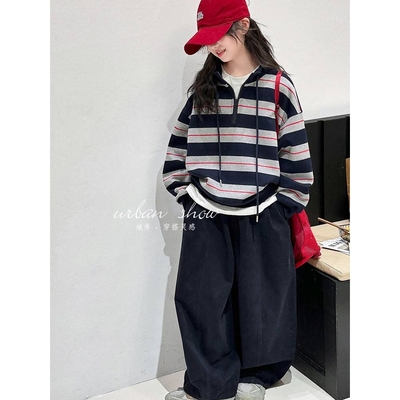 商场品牌女大童条纹卫衣套装2025新款儿童秋装洋气女童休闲裤两件