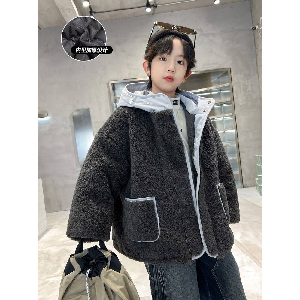 专柜品牌男童夹棉外套秋冬款2025新款儿童装冬季加厚羊羔绒毛毛衣
