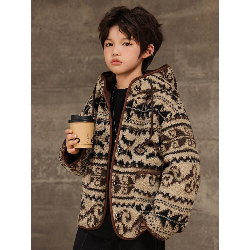 专柜品牌男童加绒外套秋冬2025新款冬装加厚中大儿童夹棉羊羔毛摇