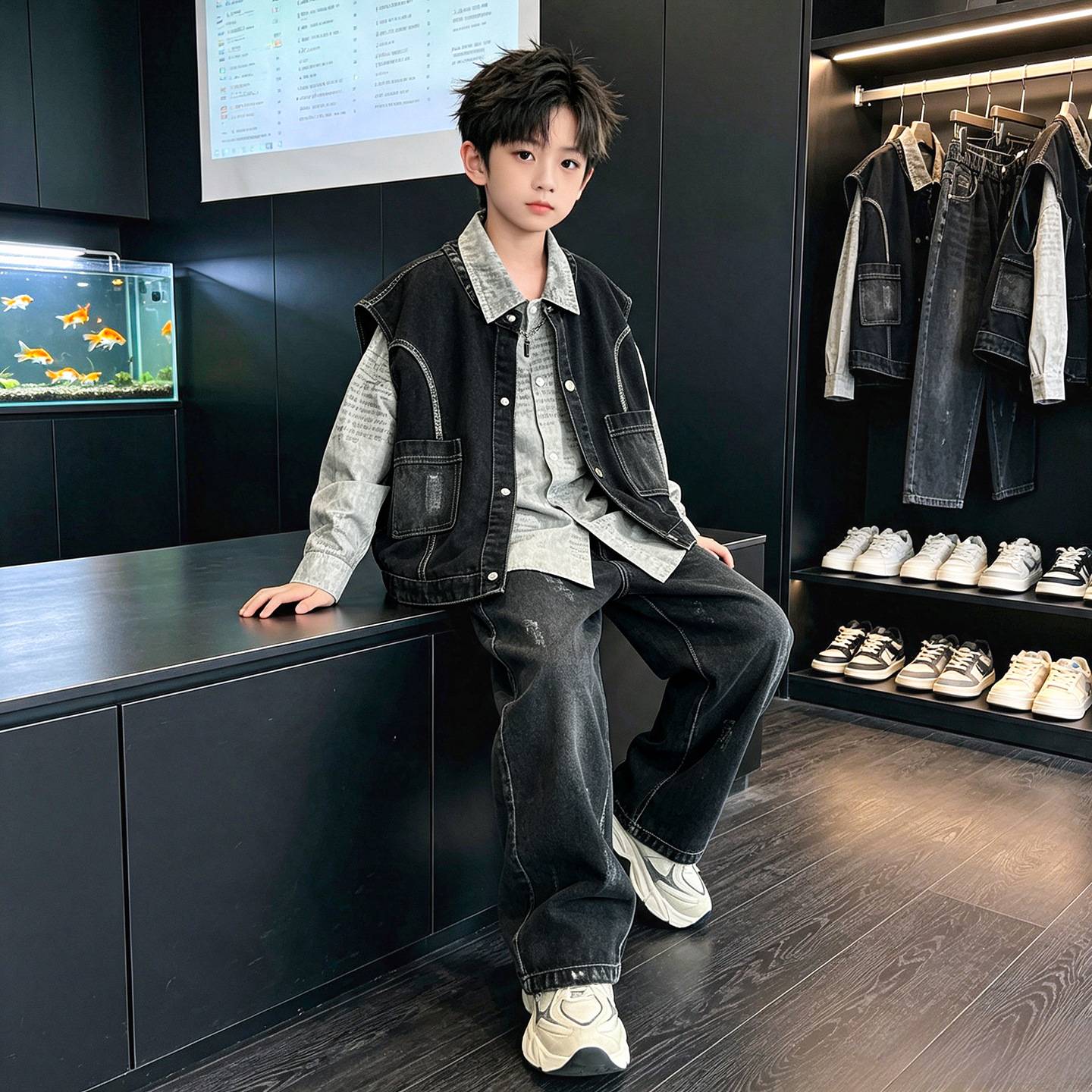 专柜品牌儿童装男童秋装牛仔套装2026新款春秋款中大童马甲秋季酷