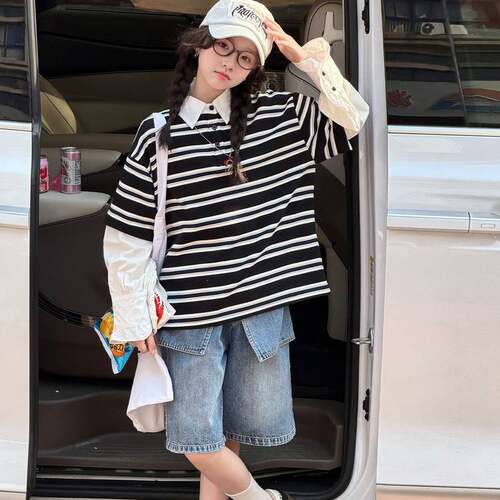 专柜品牌女童卫衣春秋季2026新款中大儿童韩系时髦条纹polo衫秋装