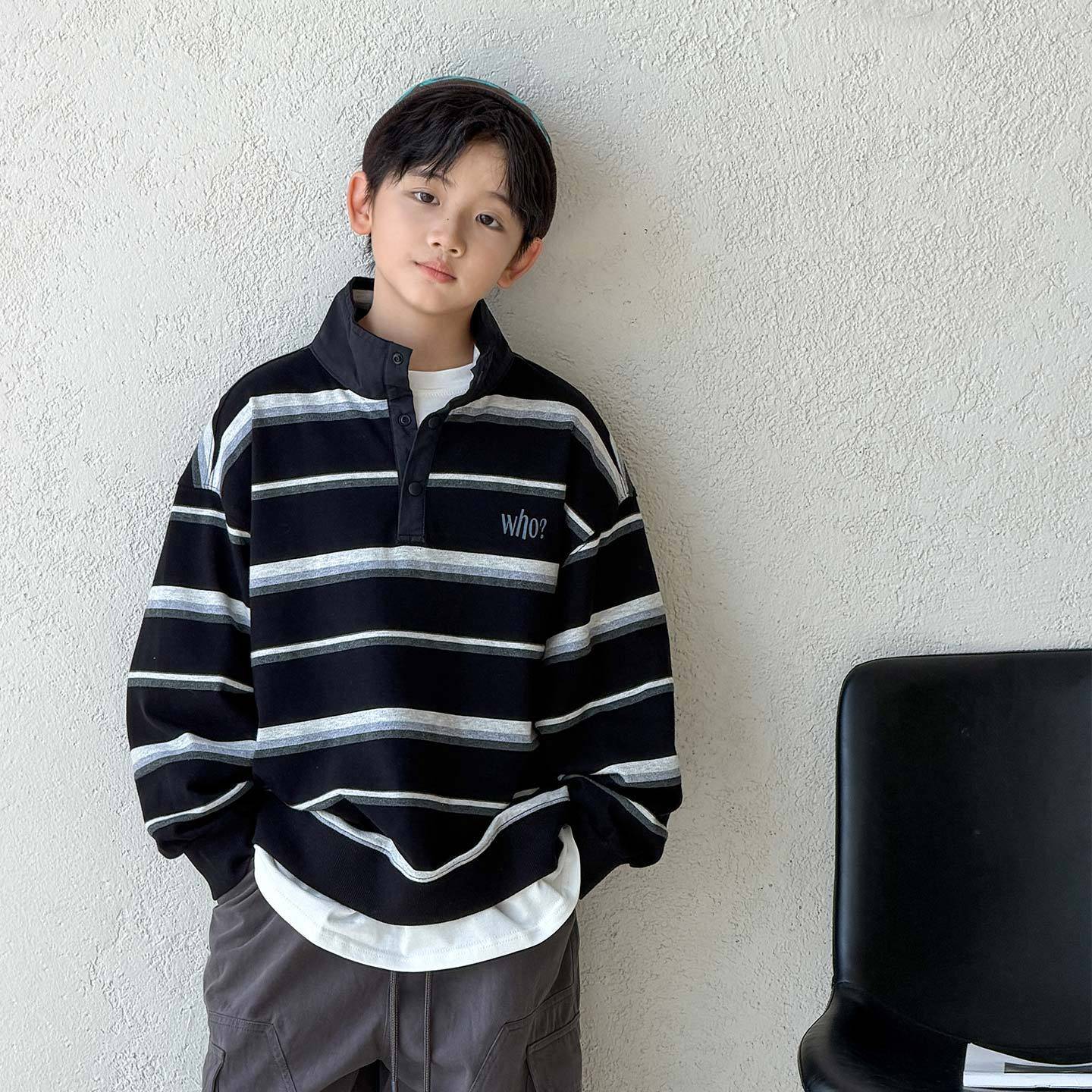 专柜品牌男童条纹卫衣秋装2026新款儿童痞帅风打底衫大童翻领男孩