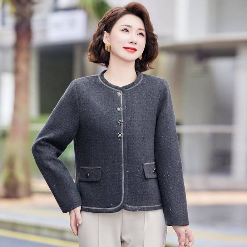 专柜品牌小个子妈妈春装短款小香风毛呢外套新款中老年女装春秋时