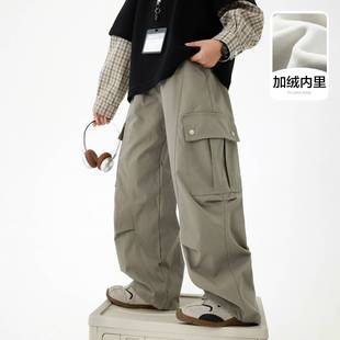 专柜品牌男童秋冬户外加绒伞兵工装裤2025新款青少年儿童加厚防风
