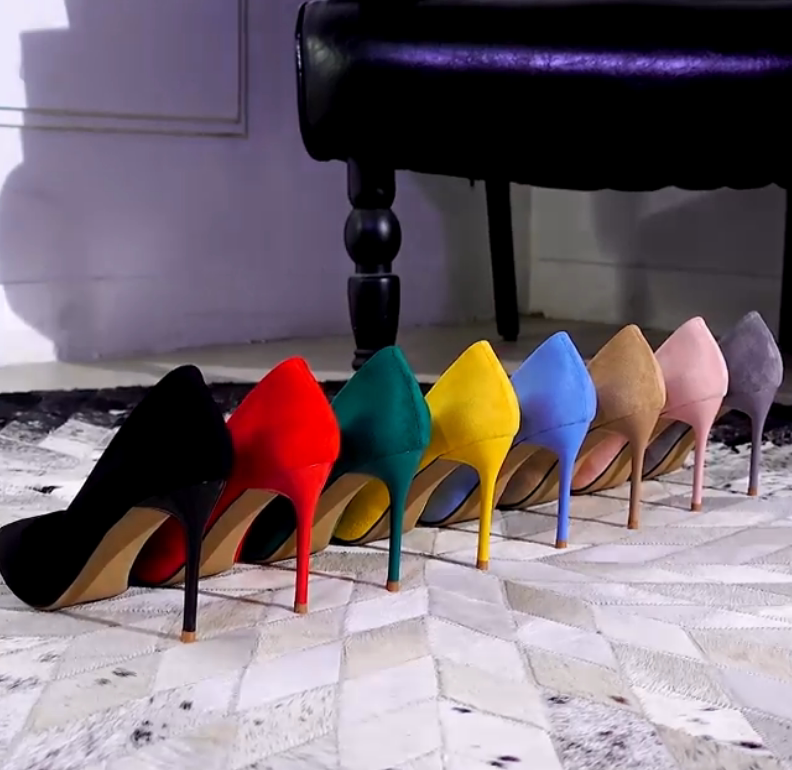 性感黑色绒面高跟鞋气质春秋新款浅口尖头细跟黄色网红单鞋女百搭