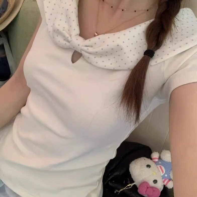 波点娃娃领白色正肩短袖t恤女夏季2025新款修身显瘦短款气质上衣