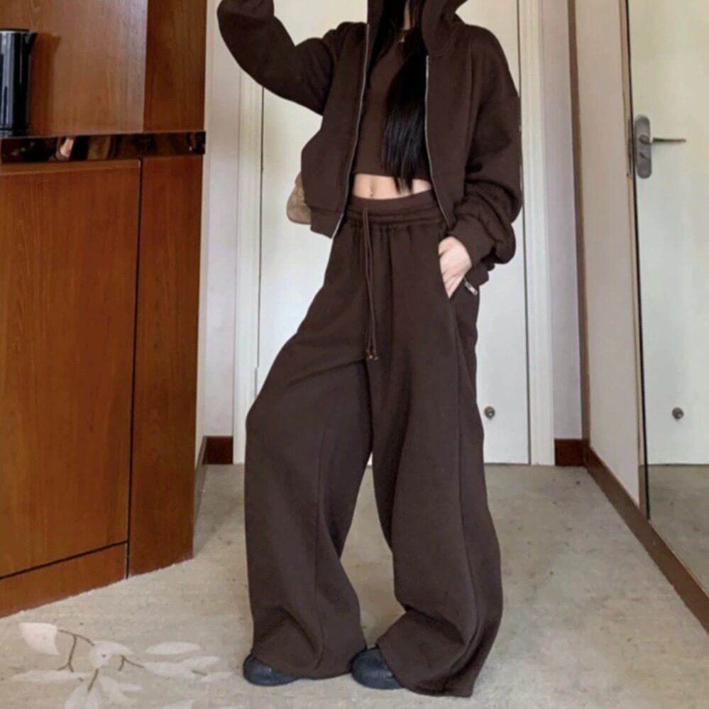 慵懒风咖色卫衣外套女2025秋季新款小众宽松休闲裤长裤两件套套装