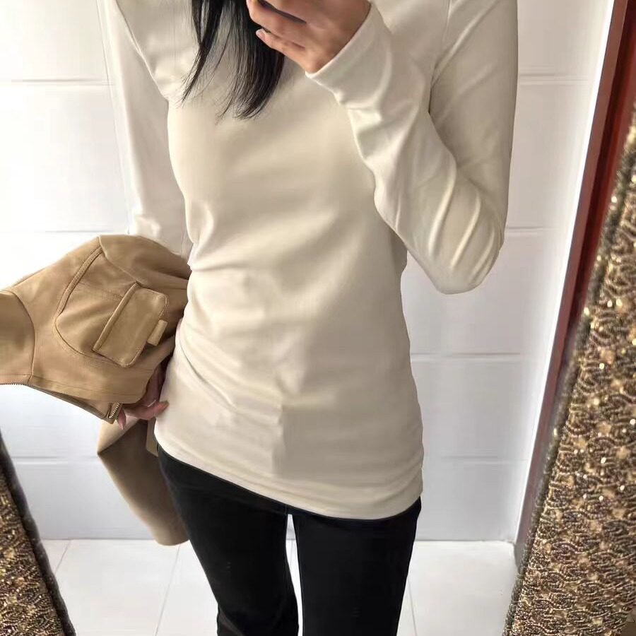 白色德绒正肩长袖T恤女秋冬季圆领内搭修身收腰中长款打底衫上衣