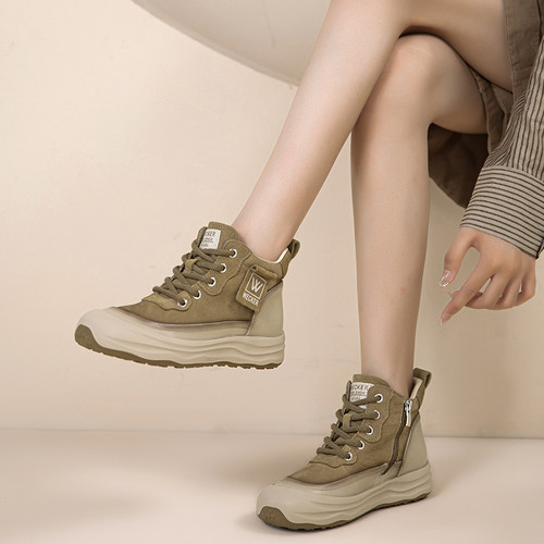 头层牛皮女鞋厚底高帮运动休闲鞋棕色系带鞋LX25718