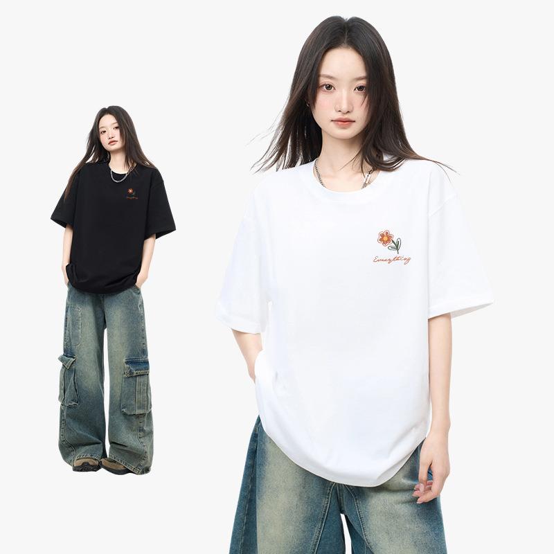 莫小仙广州服饰有限公司黑色纯棉短袖T恤女夏季新款花朵图案学生