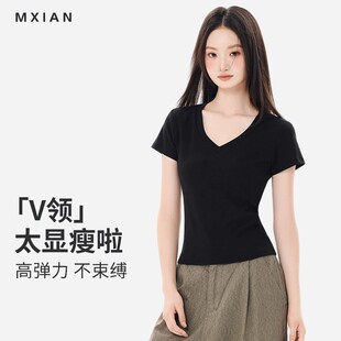 纯欲风修身 新款 正肩 t恤女夏季 莫小仙广州服饰有限公司V领纯色短袖