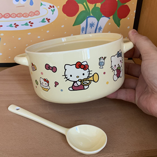 ins风可爱卡通粉色kitty泡面碗带勺带手柄大容量饭碗家用食堂陶瓷