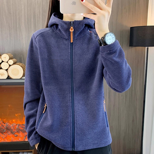 户外抓绒衣女款连帽摇粒绒开衫运动休闲宽松大码卫衣加绒保暖外套