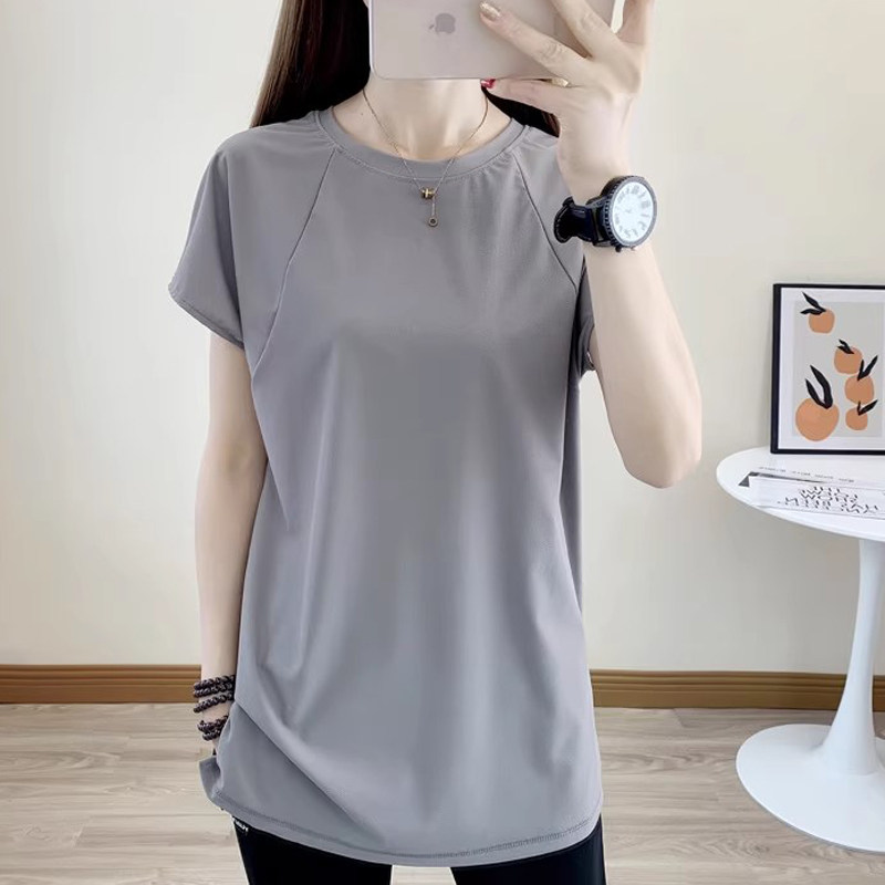 速干衣女圆领短袖中长款遮臀宽松运动健身瑜伽服加大码胖M休闲T恤