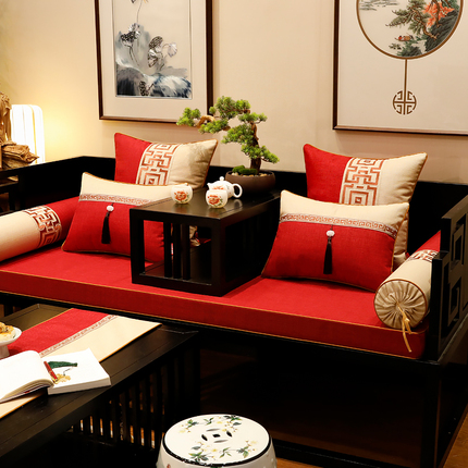 新中式坐垫红木沙发垫子红色婚庆罗汉床垫套罩椅子座垫加厚可拆洗