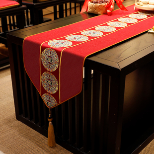 喜庆茶席茶桌垫布婚庆茶台布艺长条餐桌布定制 红色棉麻桌旗新中式