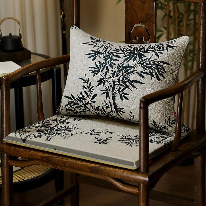 荣义居家布艺新中式原创雪尼尔坐垫茶室椅垫水墨竹子文创主人椅垫