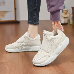 女鞋冬季一脚蹬运动鞋舒服不累脚魔术贴白色加绒棉鞋孕妇防滑大码